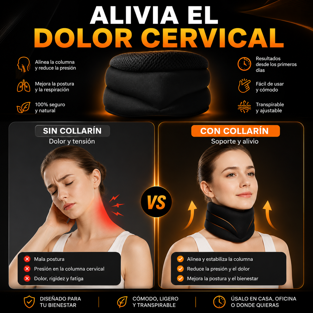 Collarín Cervical Ergonómico | Soporte para Dolor de Cuello y Ronquidos